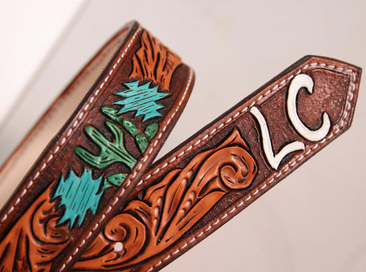 Tooled Western Kids Belt- Cactus